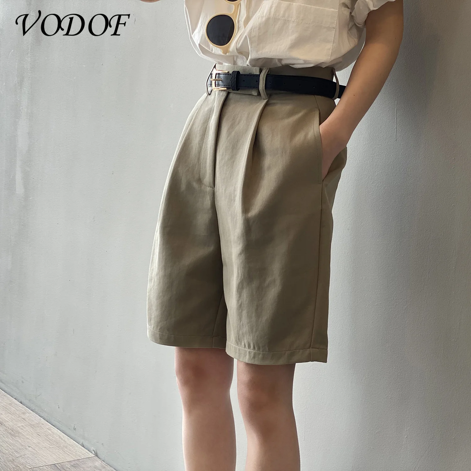 VODOF Fashion Chic Pure Color Loose Ladies Shorts High Waist Pocket Summer Women's Wide Leg Shorts 2021