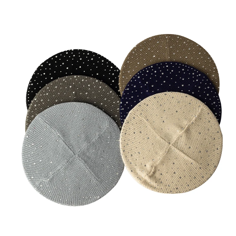 

Fashion Women Knitted Solid Color Beret Korean Rhinestone Autumn Spring Casual Hats Female Ladies Street Outdoor Brim Hat Berets