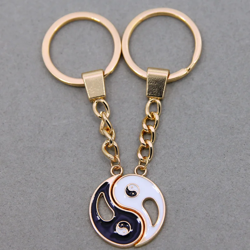 1Set Chineae Style Yin Yang Keychain Keyring For Lover's Men Women Jewelry Silver Plated Enamel Key Holder Keyring Best Friend