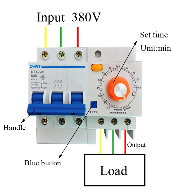 3 phase 3 wire 380V circuit breaker with timer function 16A,32A,60A 0-20min,60min,120min,165min din type 380V timer switch