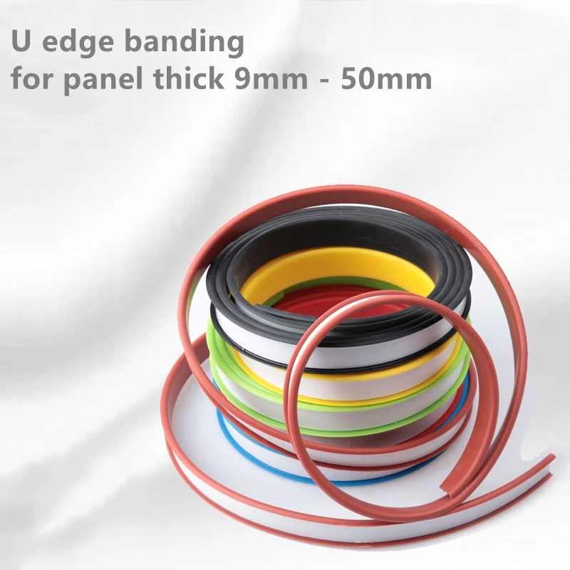 U-Shaped Edge Banding for Furniture Panel, 9mm to 40mm Thick, 10m Long, White Beige Grey Black Red Blue Green Yellow Brown