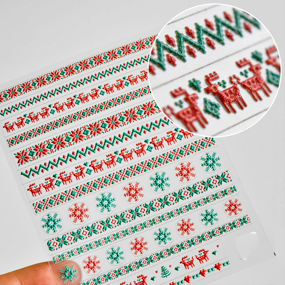 

New 5D Engraved Nail Sticker Colorful Winter Christmas Sweater Snowflake Charm Desgin Empaistic Nail Slide Decals Z0374