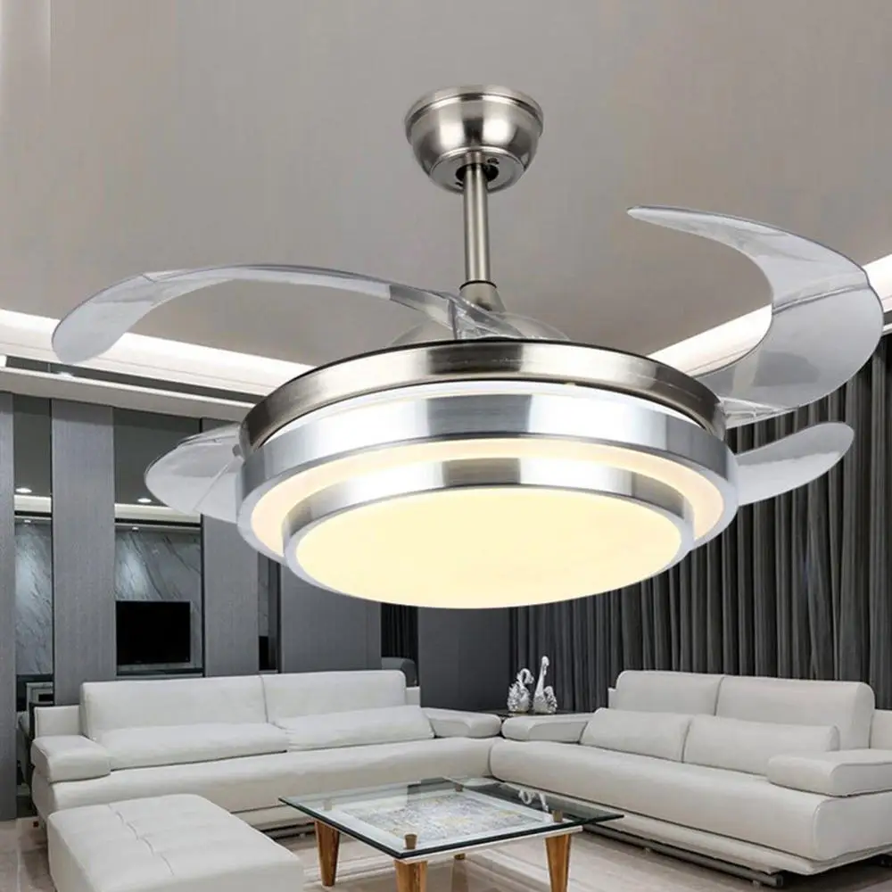 Modern Ceiling Light with Fans LED Chandelier Remote Control Retractable Blades 3 Speeds 3Color Changes Lighting Fixture