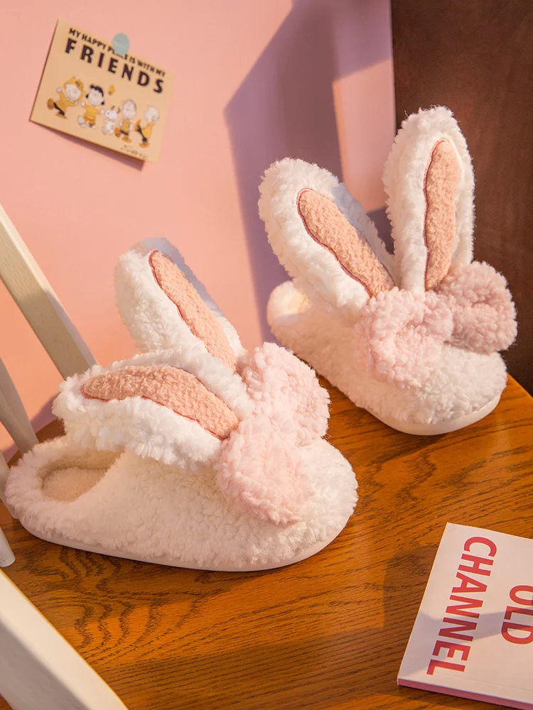 Cotton slippers female lovely autumn and winter Plush net red ins big ear rabbit household indoor cartoon warm slippers