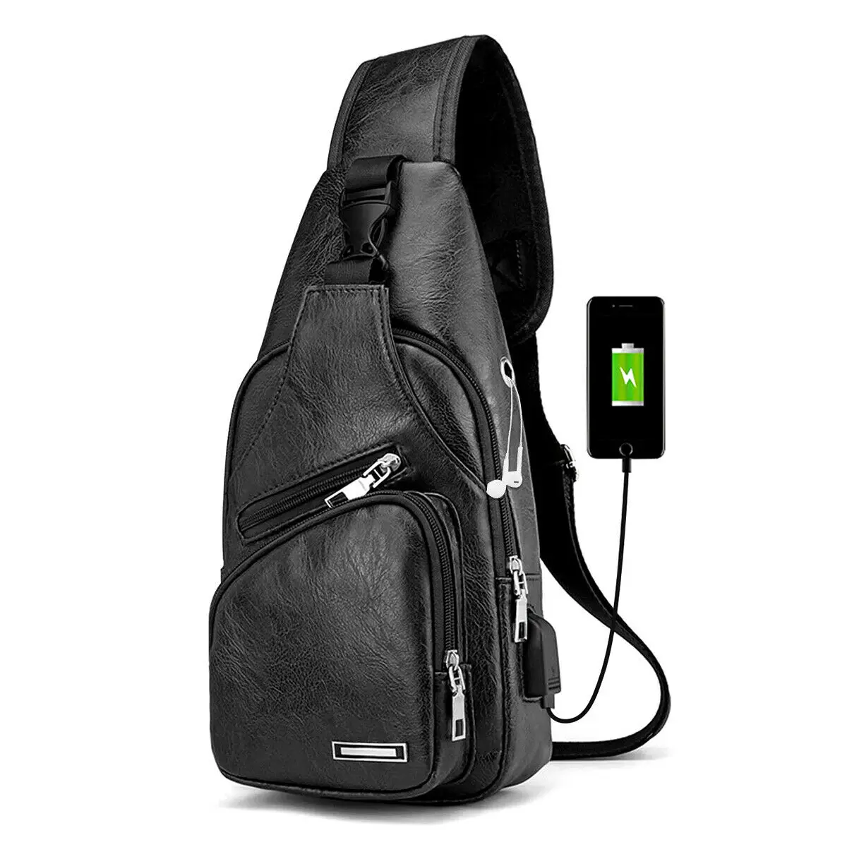 2022 new usb charging chest bag Men Leather Sling Bag Chest Shoulder Crossbody Backpack USB Charging Port Travel