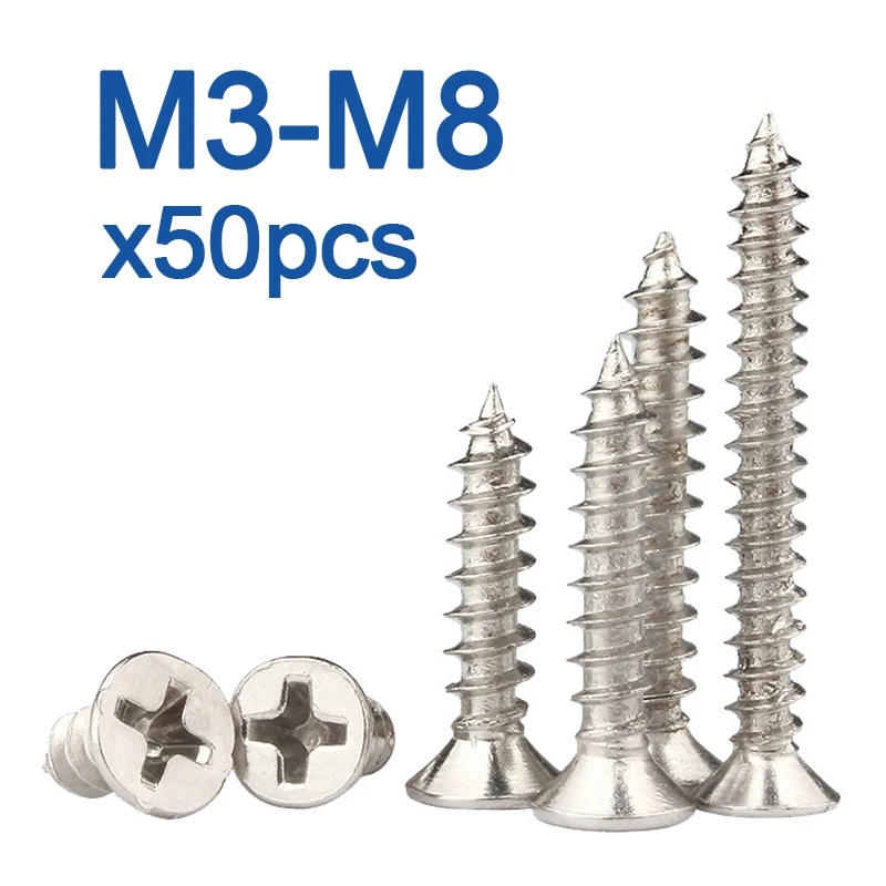 50pcs/lot Cross Recessed Countersunk Flat Head Self-tapping Screw M3 M3.5 M4 M5 M6 M8 Stainless Steel Phillips Furniture Screw