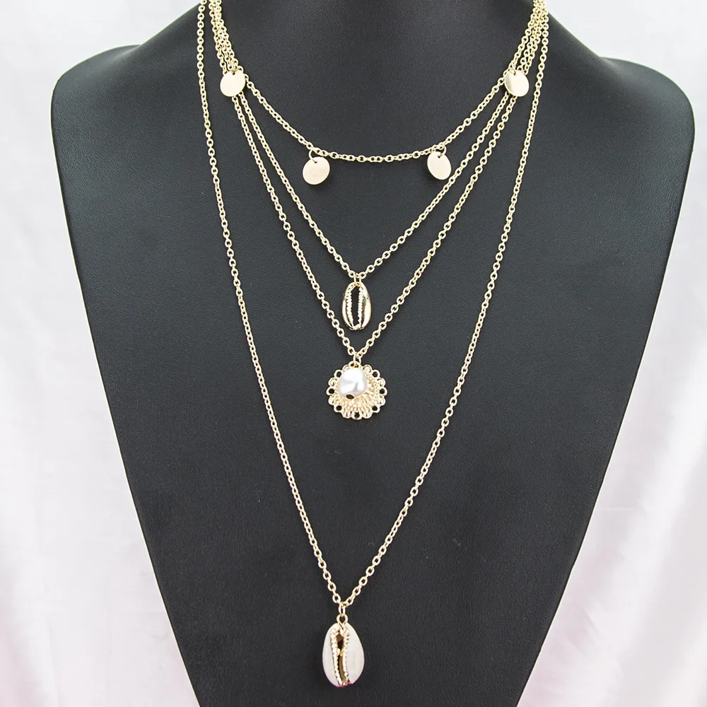 New money decorated personalized fashion boho style sequin shell pearl combination multilayer necklace female