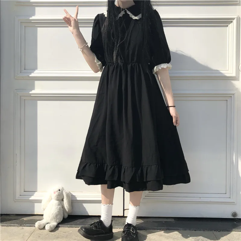 Japanese Ruffles Peter Pan Collar Dress Kawaii Lolita Vintage Women's Puff Sleeve Pullover, Black Clothes for Student Girl