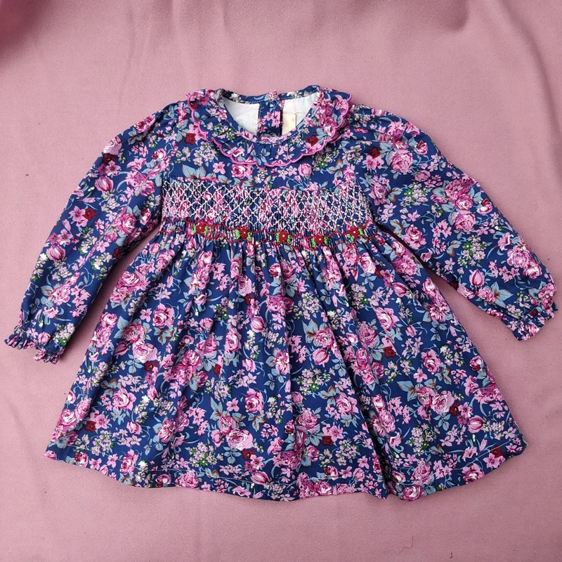 Little Girls Long Sleeve Floral Smocked Dress Autumn 2024 Kids Girl Vintage Princess Smocking Dress For 2 3 4 5 6 7 8 years