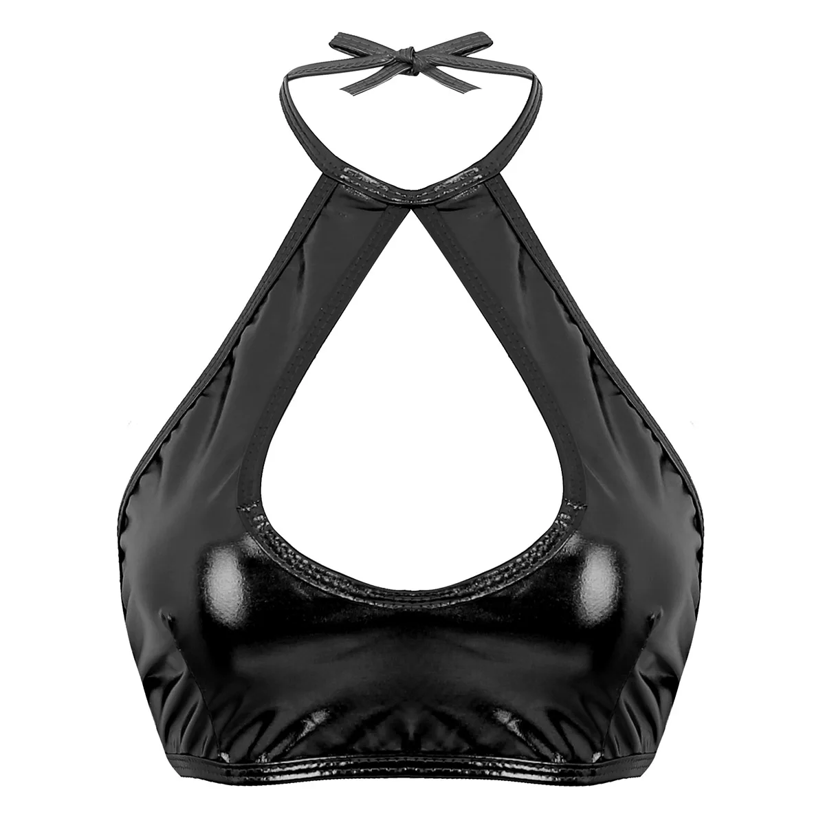 Womens Leather Halter Top Sexy Pole Dance Crop Top Wet Look Latex Cut Out Front Clubwear Camisole Exotic Vest Camis Tanks