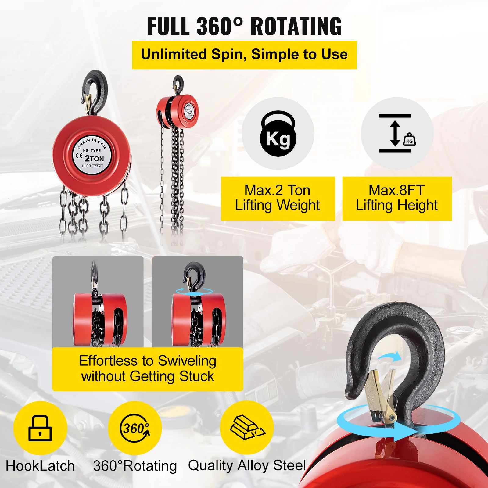 VEVOR Chain Hoist Chain Block 1/2/3Ton (2200/4400/6600 LBS) Capacity 8/15 Feet Lifting Height Steel Construction Red Yellow