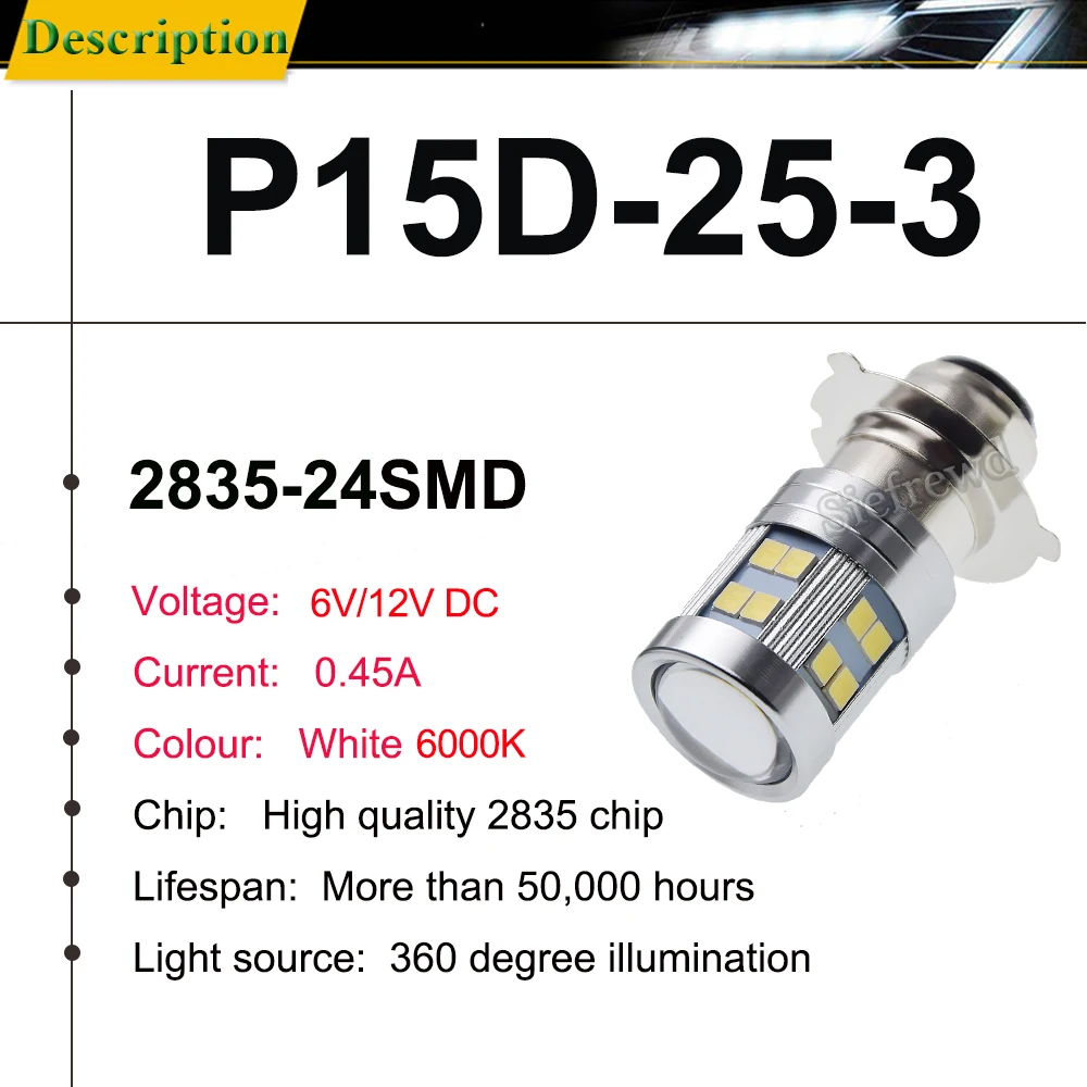 1PCS 6V 12V Motorbike LED Headlight Bulbs P15D-25-3 High Low Beam Motorcycle Scooter Moped ATV Front Headlamp Light 800LM 6000K