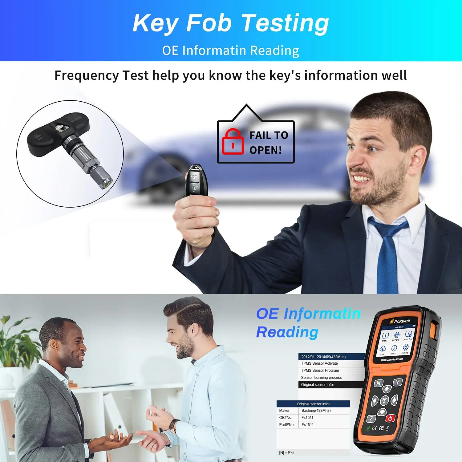 FOXWELL T1000 TPMS Tool Programming Activate TPMS Sensors Check RF Key FOB Tire Pressure Monitoring System Auto Tester Detector