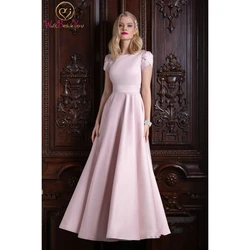 Pink Prom Dresses 2023 Long Satin Cap Short Sleeve Elegant A Line Simple Belt Floor Length Evening Formal Party Gown Custom made