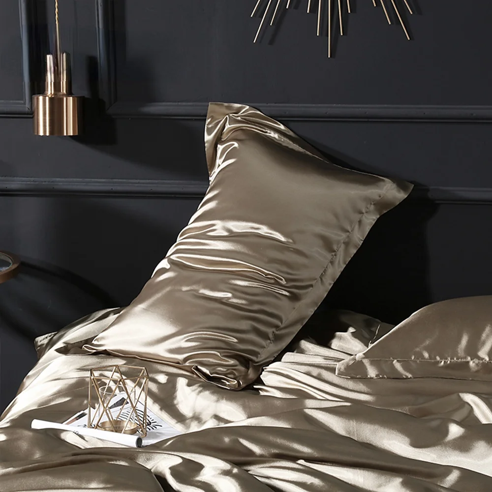 SISISILK Luxury 100% Satin Silk Dark Gold Pillowcase Wholesale Solid Color Silky Healthy Standard Pillow Cover for Beauty