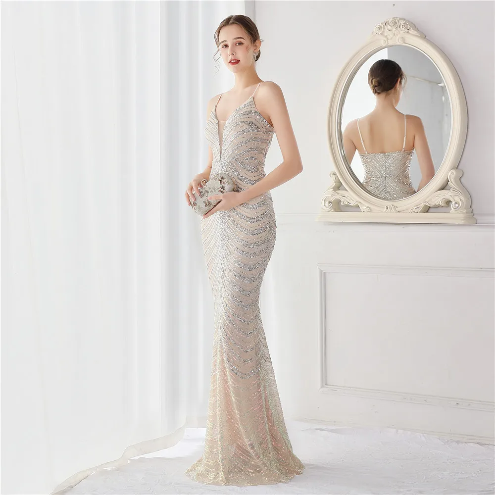 DEERVEADO K19096 Sexy V Neck Mermaid Prom Dresses Long Luxury Sequins Women Evening Party Dress Prom Gown Maxi Dress