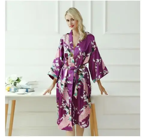 Lady Sexy Costumes Japanese Kimono Yukata Dress with Belt Satin Silk Cardigan Pajamas Sleepwear Woman Smooth Bathing Robe Gown
