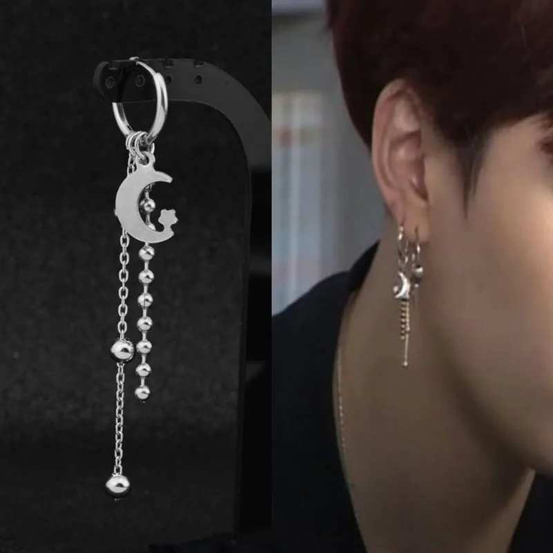 KPOP Korean Stainless Steel Stud Earrings Women Mens Moon Long Tassel Chain Geometric Punk Earrings Hip Hop Jewelry Unisex