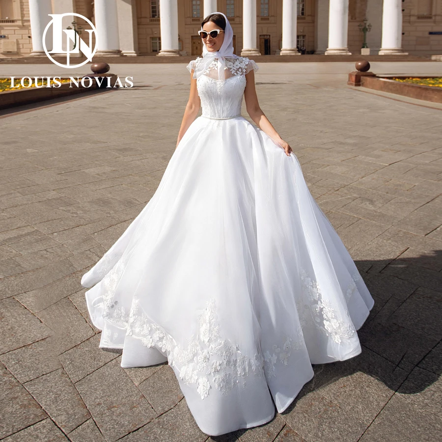 LOUIS NOVIAS A-Line Wedding Dresses For Women Elegant Beading Pearl O-Neck Bridal Gown 3D Flowers Embroidery Vestidos De Novia