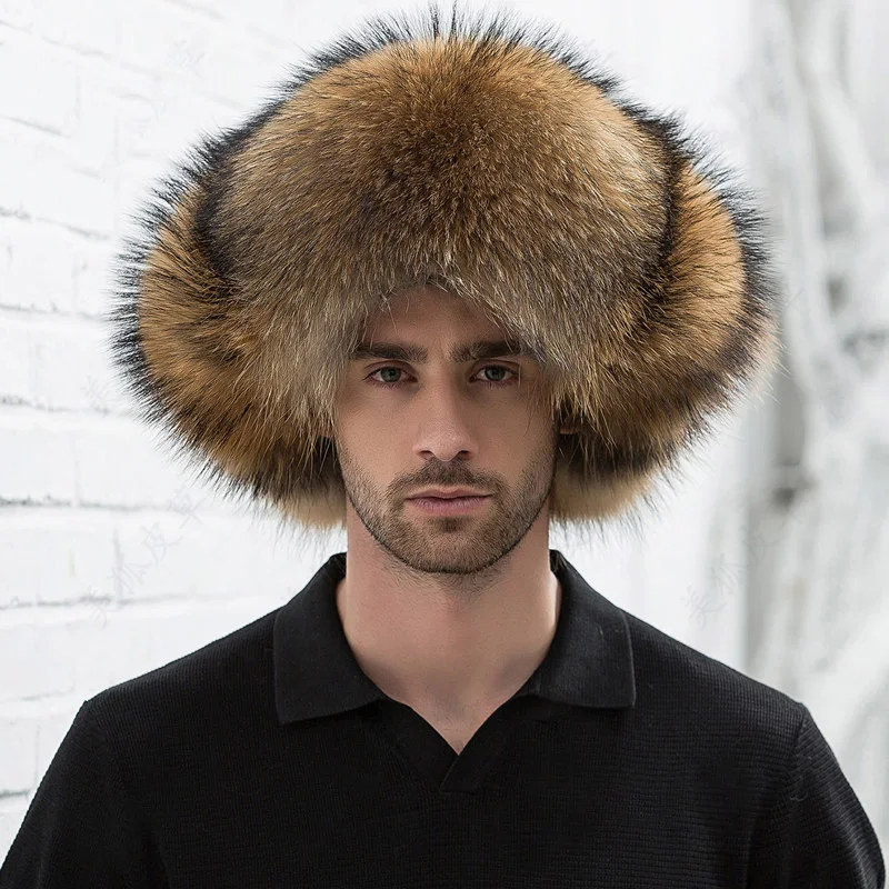 Natural Color Fur Hat Siberian Style Fur Hat  Raccoon Full Ushanka Hat for middle-aged cotton cap Lei Feng hat Winter hat