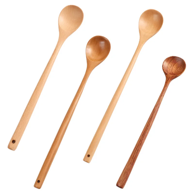 Long Spoons Wooden Natural Round Cooking Spoon for Soup Cooking Mixing Stirr Korean Style Kitchen Utensil Eco-Friendly Reusable