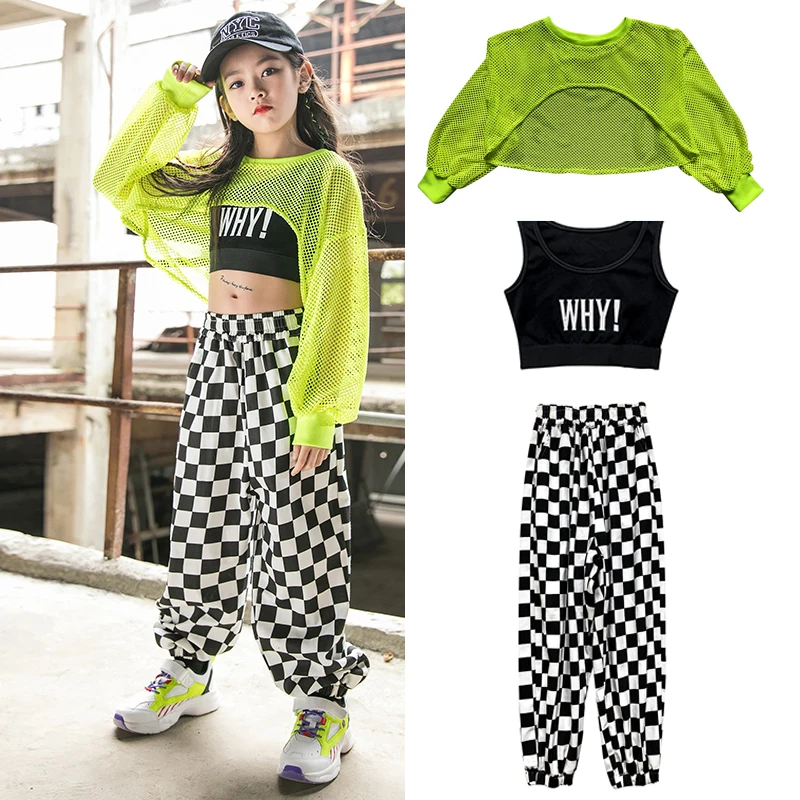 

Детская одежда в стиле хип-хоп, укороченные флуоресцентные зеленые сетчатые топы, повседневные брюки для девочек, костюмы для джазовых танцев, одежда для выступлений DN9229