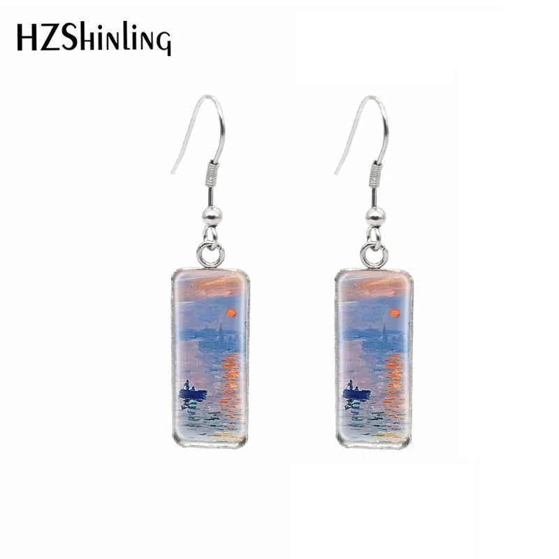 Famous Art Painting Sunrise Glass Cabochon Rectangular Hook Dangle Earrings Jewelry Accessories