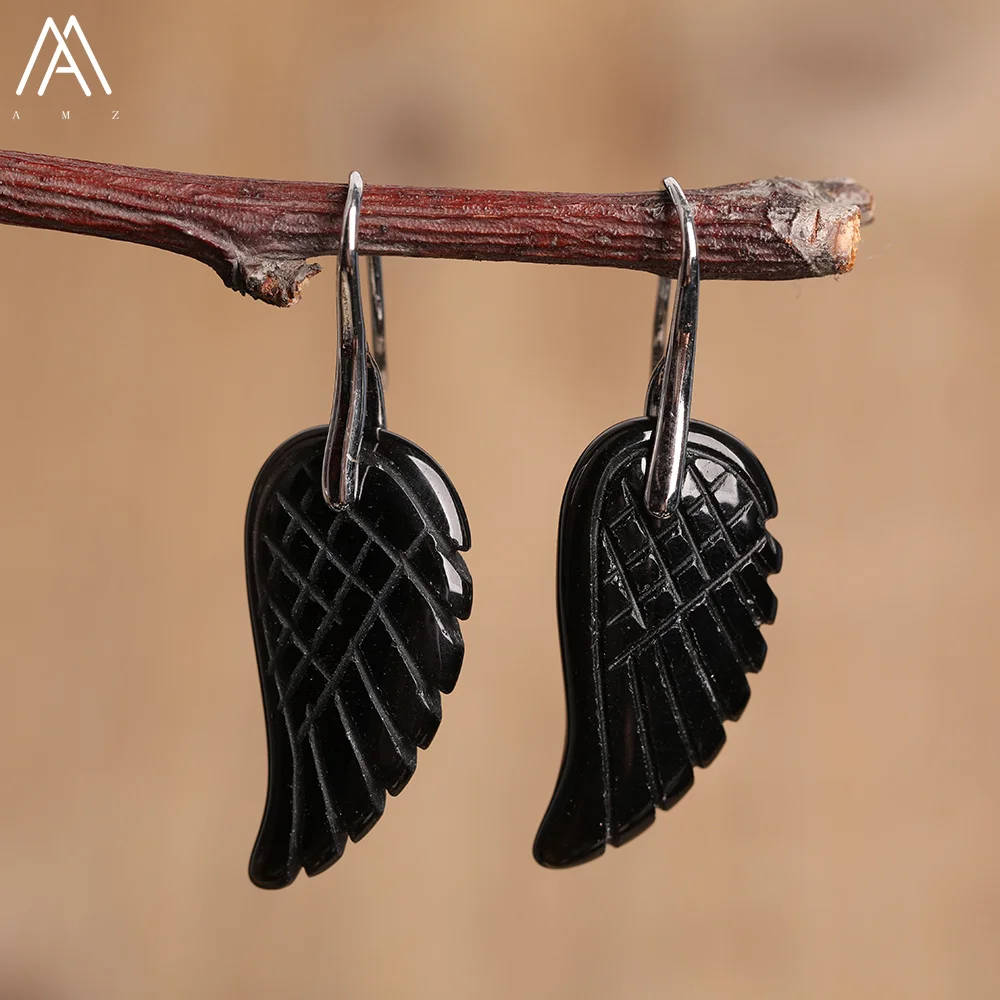 Natural Stone Carved Angel Wings Dangle Earring For Women Gems Stone Unique Drop Earrings Classic Fashion Jewelry Gift Dropship image 3