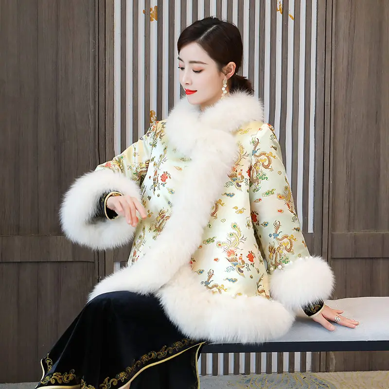 Autumn And Winter New Chinese Style Women\'s Jacket Retro Hanfu Fur Collar Modern Warmth Thick Qipao Tops Ethnic Shawl Coat M1723