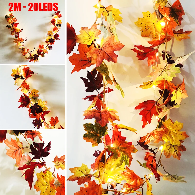 New Halloween LED Autumn Fall Maple Leaves Garland Hanging Plant Lights Home Decor