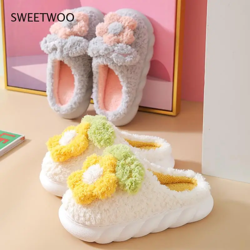 Women Cartoon House Slippers 4cm High Heel Cute Flowers Non-slip Warm Winter Thick Sole Girl Bedroom Shoes