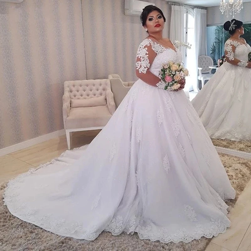 

Long Sleeves Tulle Ball Gown Wedding Dresses Fashion Appliques Court Train Vestidos De Noiva Formal Bride Wedding Gowns Lace-up