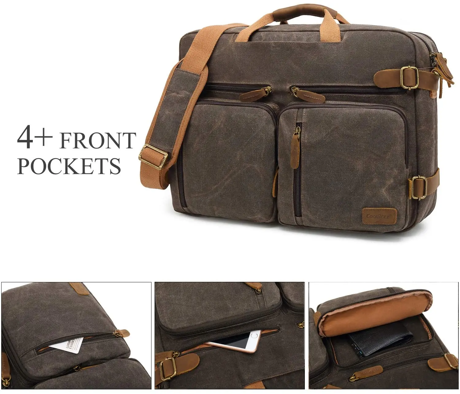 CoolBELL 17.3 Inch Laptop Messenger Bag Vintage Shoulder Bag Convertible Backpack Retro Briefcase Travel Bag,Waxed Canvas