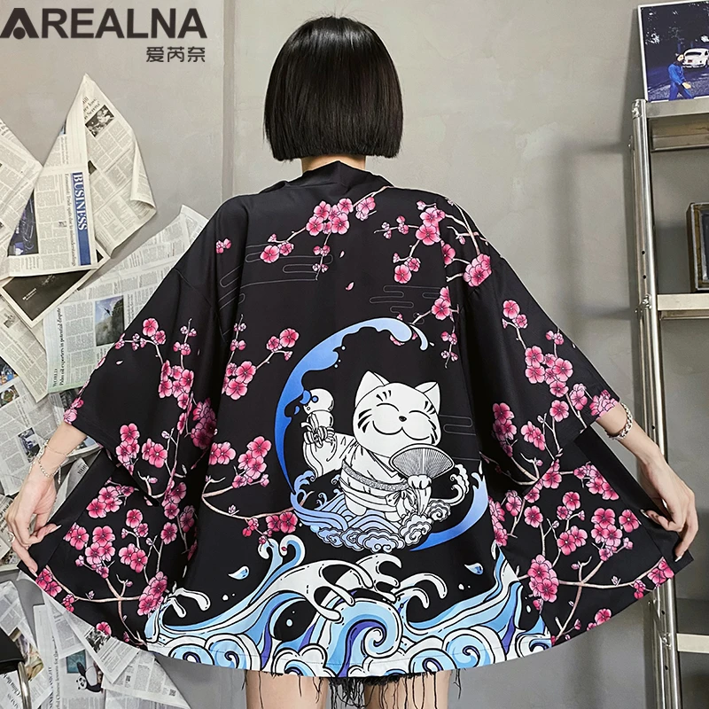 

Women's Kimono Cardigan Japanese Style Lucky Cat Geisha Haori Anime Clothes Black Shirt Sasuke Cosplay Kimono Man Yukata Homme