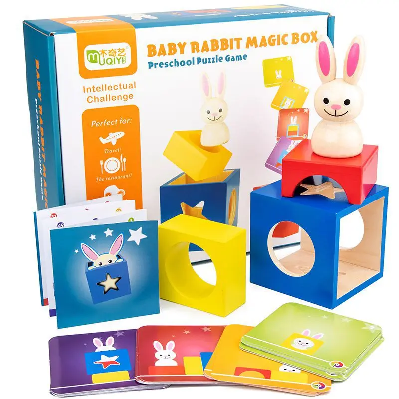 Baby Wooden Puzzle Boxes Rabbit Magic Box Toys for Kids Secret Bunny Boo Hide and Seek Magic Game Brain Teaser Wooden Toys Gifts