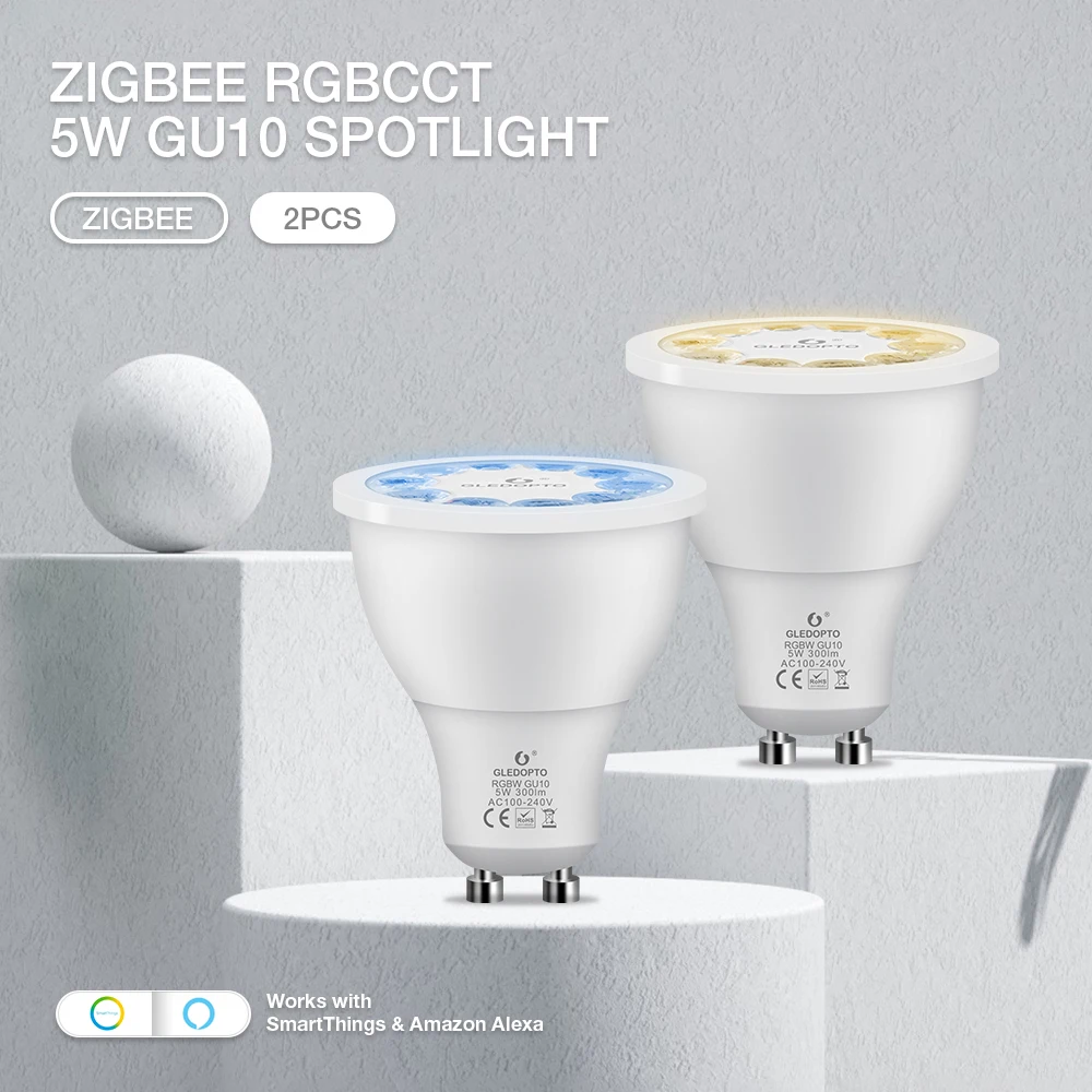 

GLEDOPTO 2PCS/Lot Spot Light Zigbee 5W GU10 RGBCCT Dimmable Spotlight Hub APP/Voice Control LED Light Bulb AC100-240V