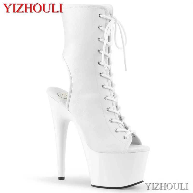 

Matte black open toe 17 cm, 7 inch model stiletto heels, summer banquet stage model pole dancing ankle boots