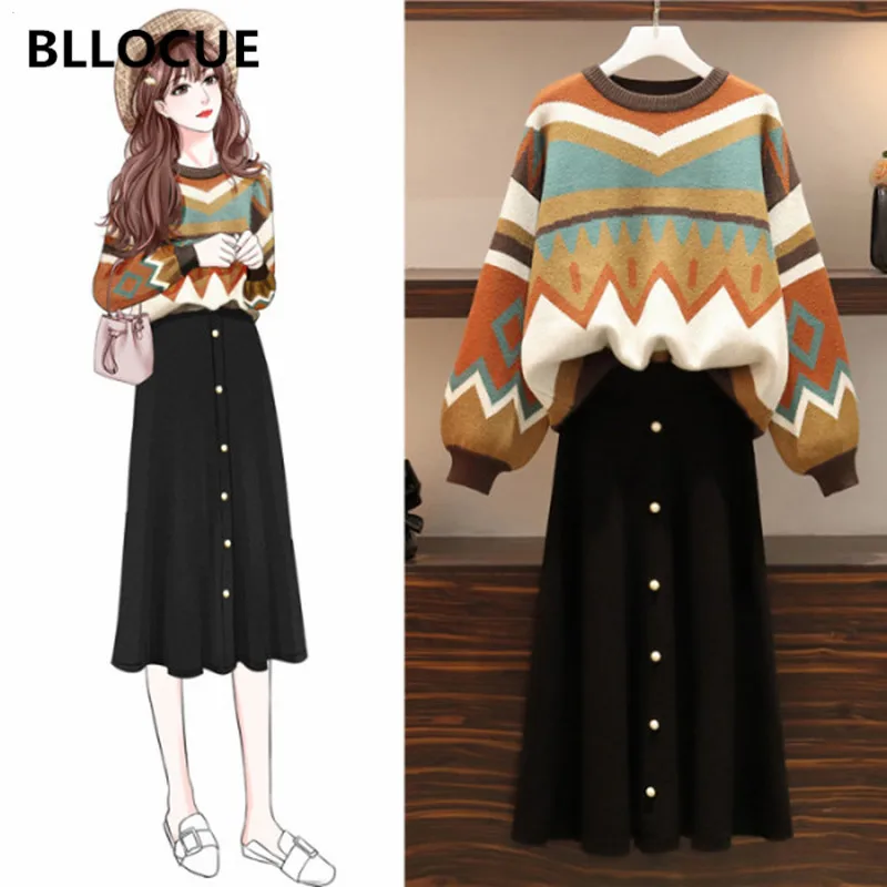 

BLLOCUE Women Vintage Knit Sweater Skirt Set Fall Winter Geometric Printed Knitted Pullover Top+Single-breasted Black Skirt Suit