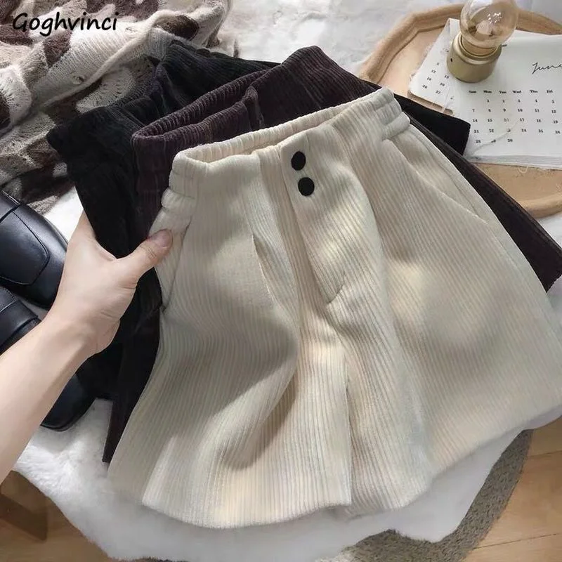 

Retro Shorts Women Chic Fall Spring All-match High Waist Korean Style Ladies Clothing Simple Pure Corduroy Black Elegant Trouser