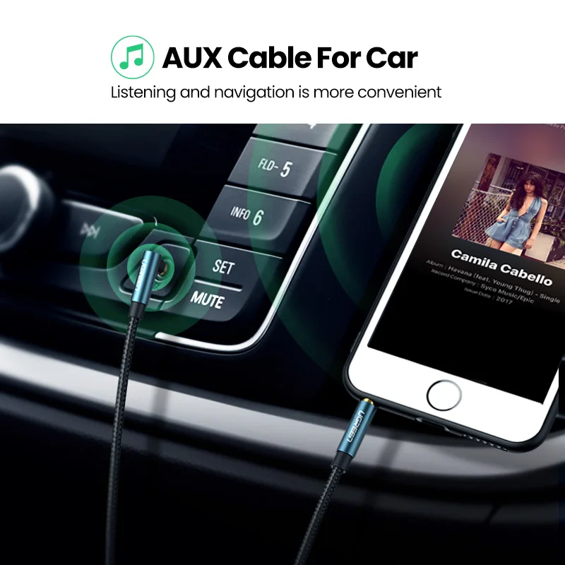 UGREEN Aux Cable Audio Hi-Fi Stereo Male to Male 90 Degree Right Angle 3.5mm Speaker Universal Braided Auxiliary Audio Cord