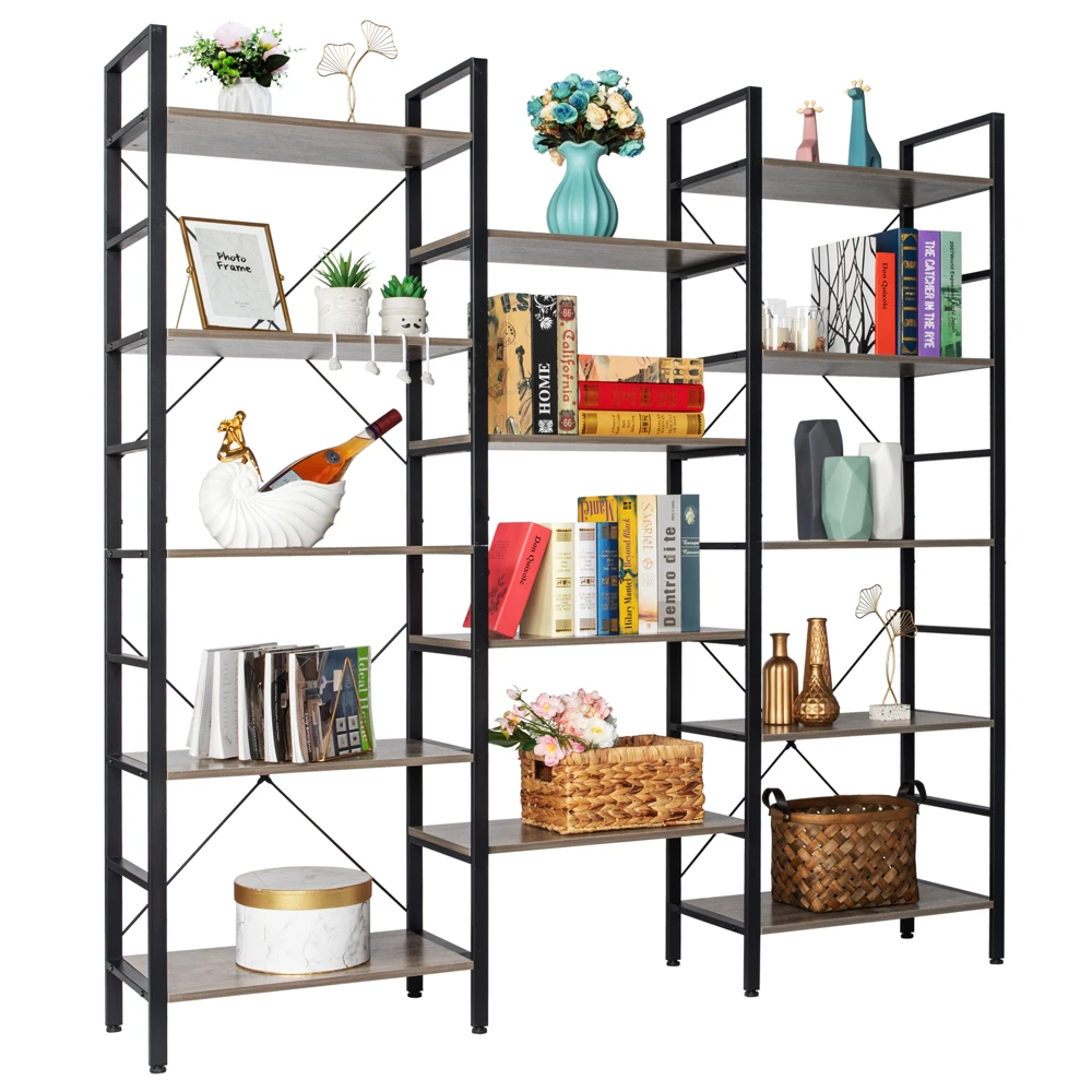 Bookshelf Triple Wide 5-Shelf Bookcase Vintage Industrial Style Shelves Wood and Metal bookcases Etagere Large Open Bookshelf