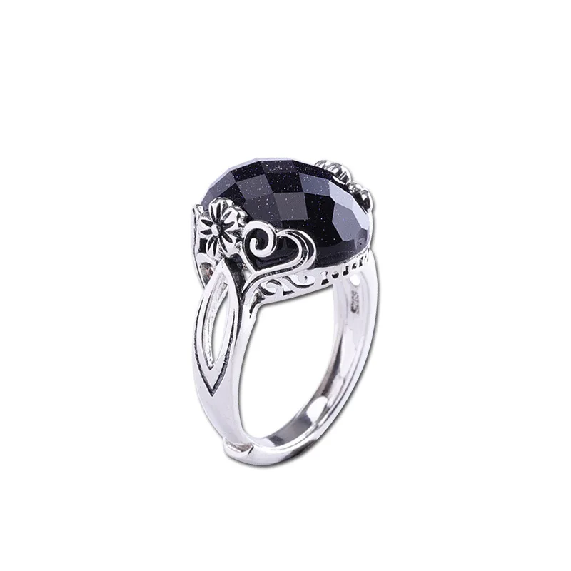 

National standard 925 silver open women's flower blue sandstone ring