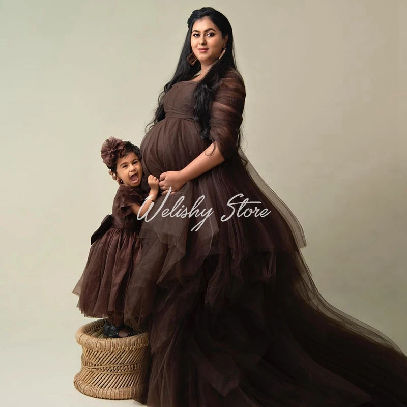 

Extra Puffy Brown A-Line Tulle Dress For Mother and Daughter Tiered Pleated Long Dress Women Photo Shoot Tulle Maternity Robes