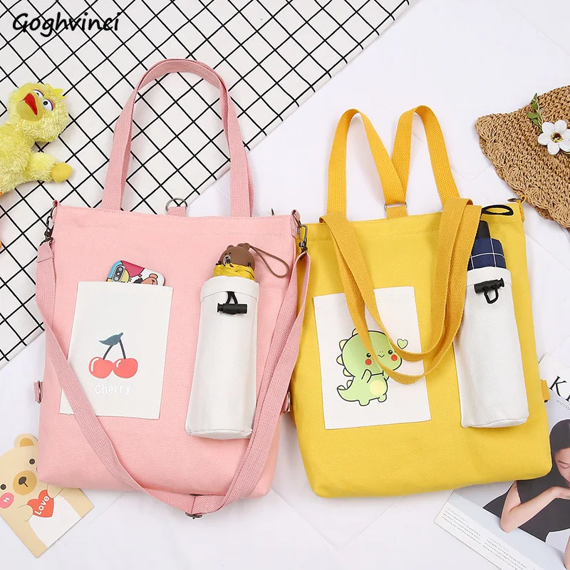 Shopping Bags Women Canvas Printing Multi-pockets Patchwork Harajuku Large Capacity Chic Ins Kawaii Stylish Womens Students New