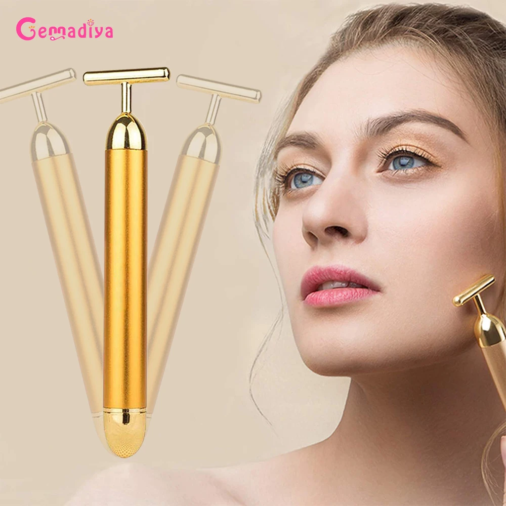 Face Lift Devices Roller Vibration Slimming Massager 24k Gold T Shaped Skin Anti Aging Beauty Wrinkle Bar Tightening Face Care