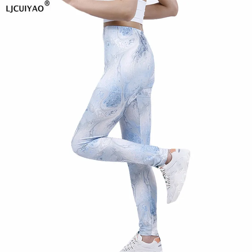 

LJCUIYAO Women Leggings Abstract White Gray Pants Sportswear Clothing Fitness Gym High Waist Push Up Workout Activewear Bottom