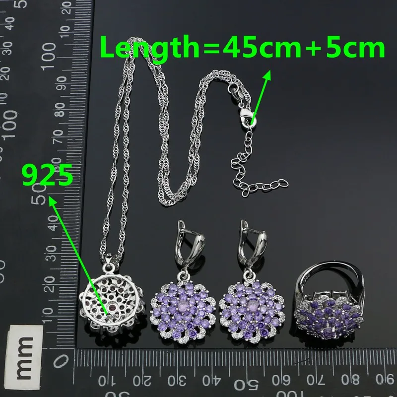 925 Sterling Silver Bridal Jewelry Set For Women Purple Cubic Zirconia Crystal Earrings/Ring/Pendant/Necklace Set