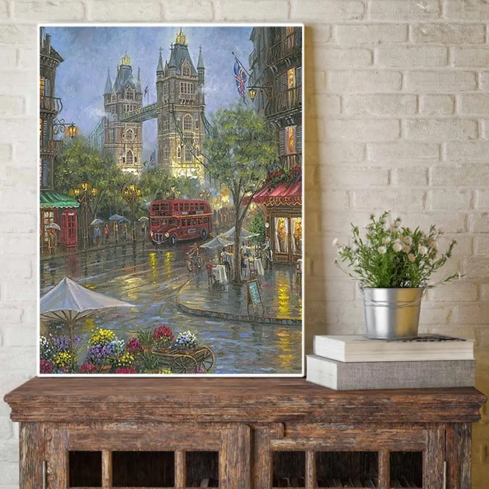 5D DIY Diamond Painting The Rain Street Corner Tower Bridge Full Square Diamond Embroidery Mosaic Rhinestone Home Decoration