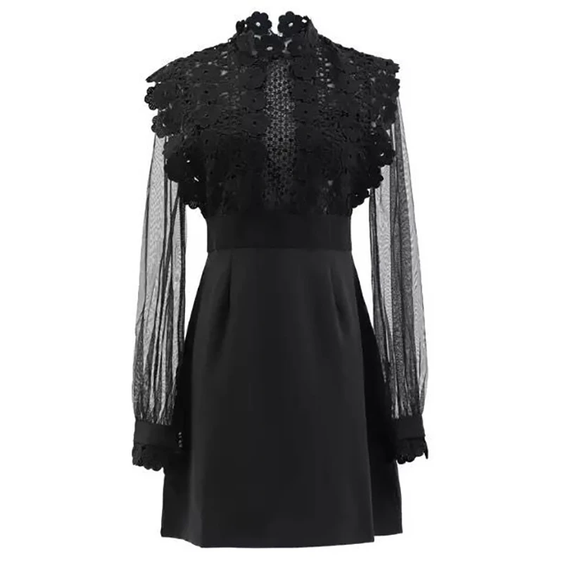 Long Sleeve Black Gothic Stand Collar Spring Summer Lace Dress Mini A-line Party Slim Dresses for Women Robe De Mujer Casual