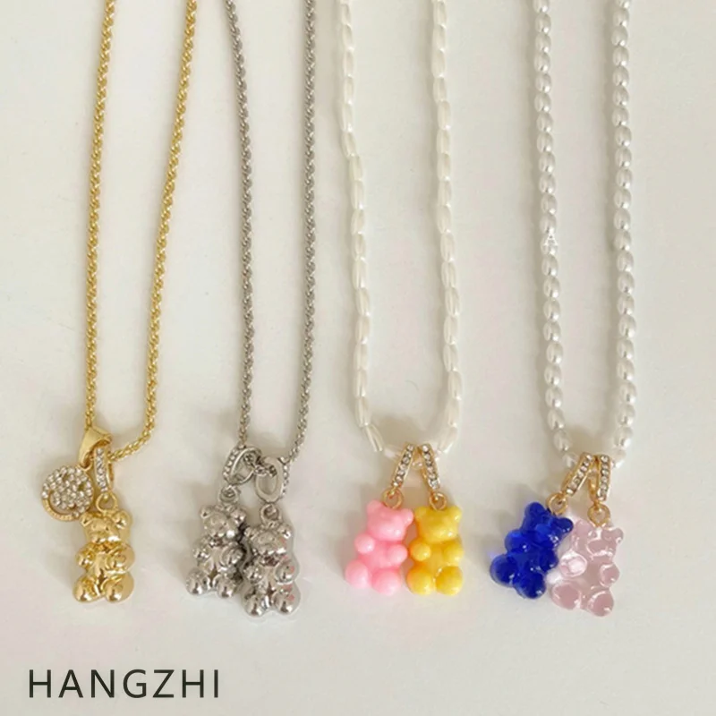 HANGZHI 2021 INES New Cute Color Gummy Bear Acrylic Pendant Choker Clavicle Chain Necklace Party Fashion Jewelry for Women Girls